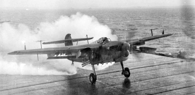 A Barracuda makes a rocket-assisted takeoff from HMS Trumpeter during WWII (Royal Navy)